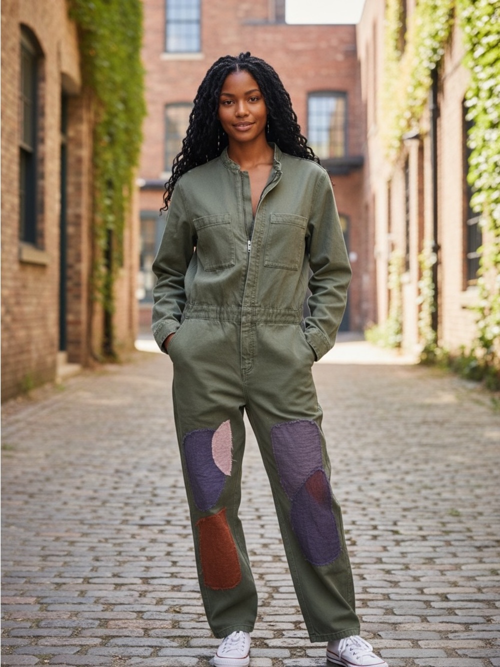 0046. Utility Olive Jumpsuit with Patchwork Detail